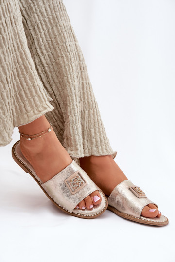 Moteriškos plokščios šlepetės su ornamentais S.Barski KV51-089 aukso spalvos