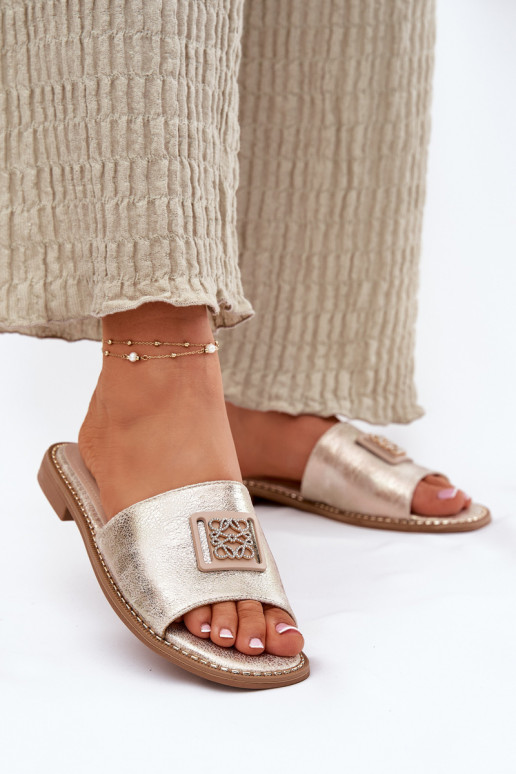 Moteriškos plokščios šlepetės su ornamentais S.Barski KV51-089 aukso spalvos