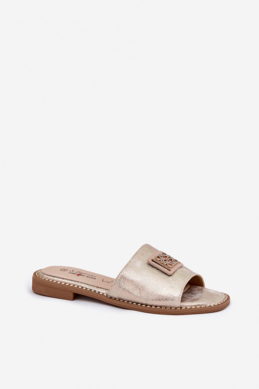 Moteriškos plokščios šlepetės su ornamentais S.Barski KV51-089 aukso spalvos