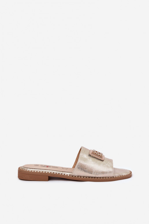 Moteriškos plokščios šlepetės su ornamentais S.Barski KV51-089 aukso spalvos