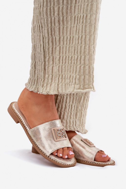 Moteriškos plokščios šlepetės su ornamentais S.Barski KV51-089 aukso spalvos