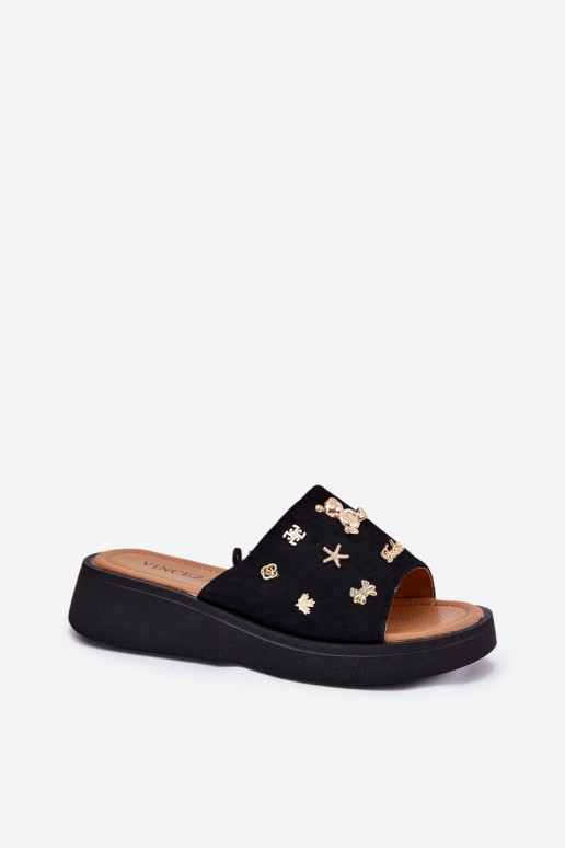 Moteriškos zomšinės šlepetės Z Przypinkami Vinceza 66741 juodos spalvos