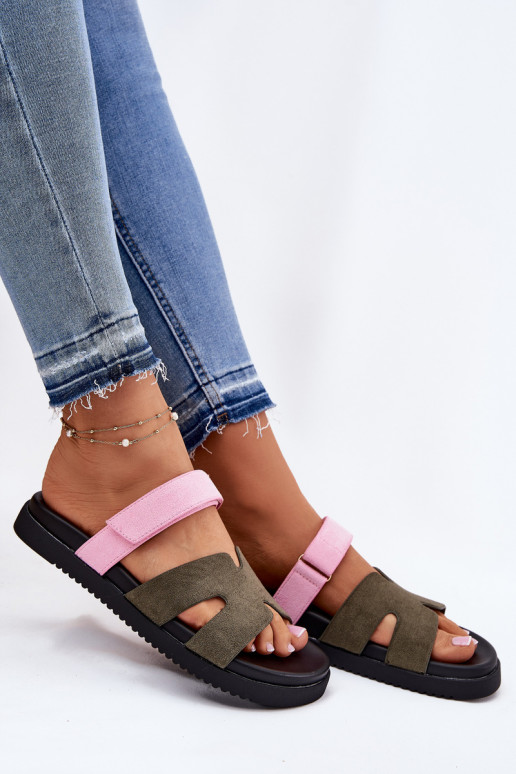 Moteriškos šlepetės Z su limpančiu užsegimuem Vinceza 17401 žalios-rožinės spalvos