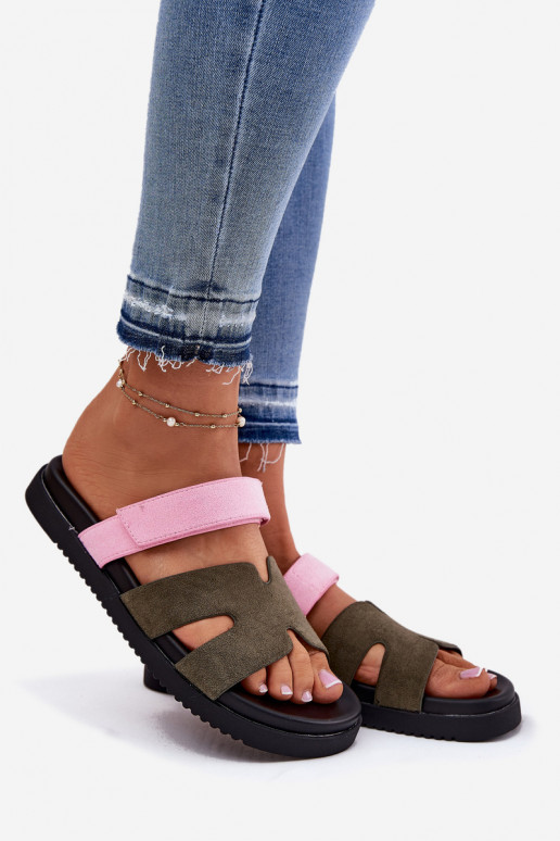 Moteriškos šlepetės Z su limpančiu užsegimuem Vinceza 17401 žalios-rožinės spalvos