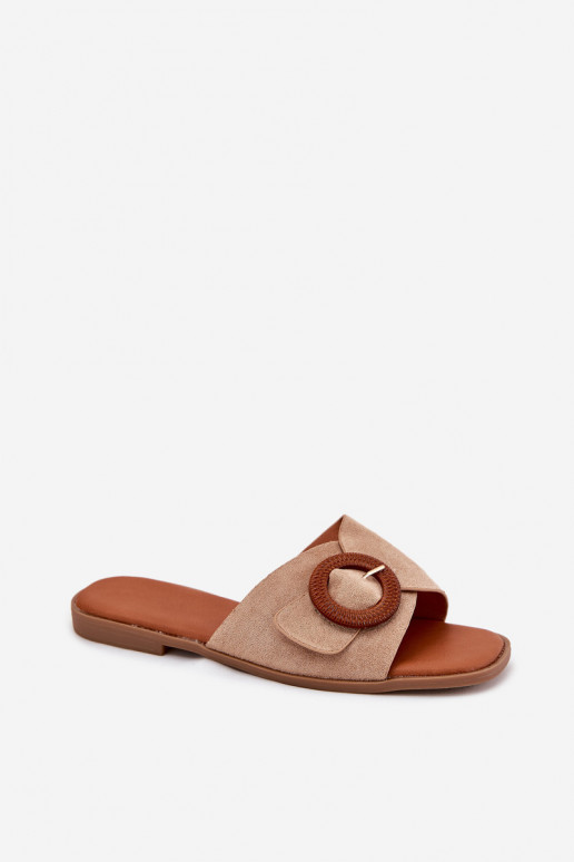 Moteriškos šlepetės su plačiais kulniukais su sagtimis smėlio spalvos Lanoni