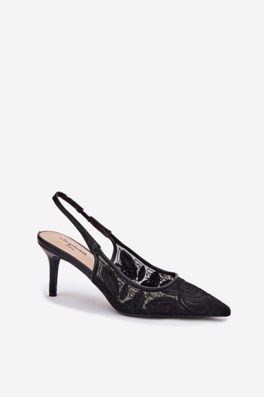 su nėrinių motyvais aukštakulniai bateliai basutės su atviru kulnu juodos spalvos Lisaviela