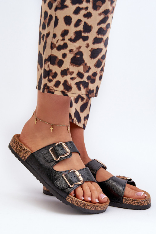 Moteriškos šlepetės su sagtimis juodos spalvos Fronila