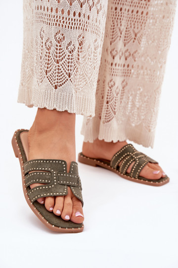 Dekoruotos Šlepetės su plačiais kulniukais žalios spalvos Anniles