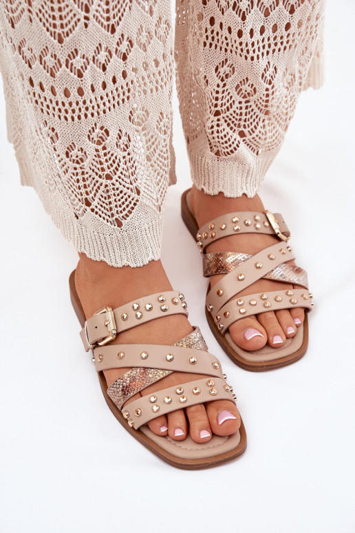 Dekoruotos Moteriškos šlepetės su plačiais kulniukais su juostelėmis I su sagtimis smėlio spalvos Tai turinitte