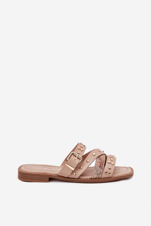 Dekoruotos Moteriškos šlepetės su plačiais kulniukais su juostelėmis I su sagtimis smėlio spalvos Tai turinitte