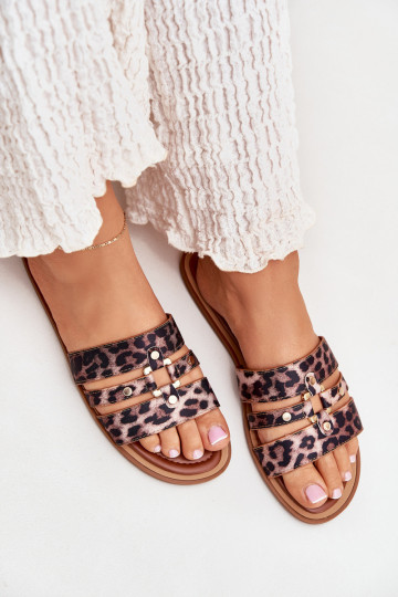 lygiapadžiai Moteriškos šlepetės Ze aukso spalvosm Detalem su leopardo kailio raštais Noroti