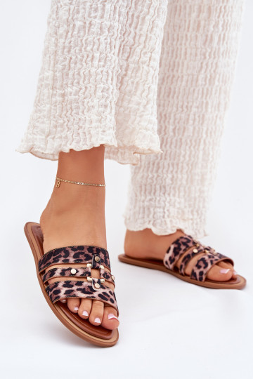 lygiapadžiai Moteriškos šlepetės Ze aukso spalvosm Detalem su leopardo kailio raštais Noroti 2