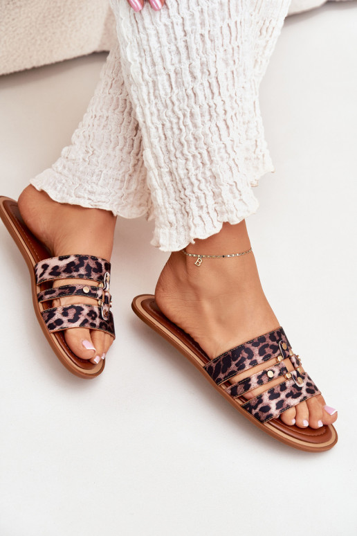 lygiapadžiai Moteriškos šlepetės Ze aukso spalvosm Detalem su leopardo kailio raštais Noroti