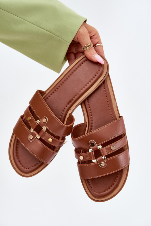 lygiapadžiai Moteriškos šlepetės Ze aukso spalvosm Detalem rudos spalvos Noroti