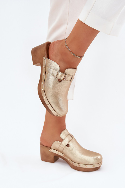 Šlepetės Klumpės Moteriškas su kulniukais su sagtimis aukso spalvos Veldexina Šlepetės Klumpės Moteriškas su kulniukais su sagtimis aukso spalvos Veldexina