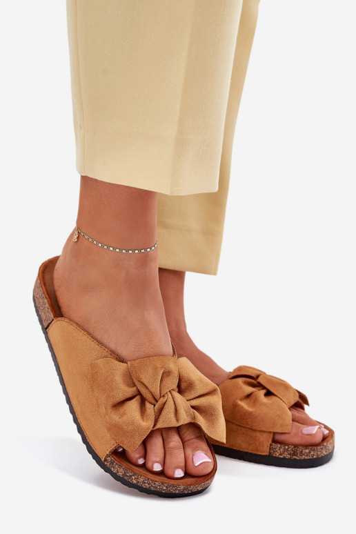 Moteriškos šlepetės Ant kamštinio pado Kokardką rudos spalvos Seressa