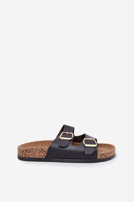 Moteriškos šlepetės su sagtimis iš eko odos juodos spalvos Iskira