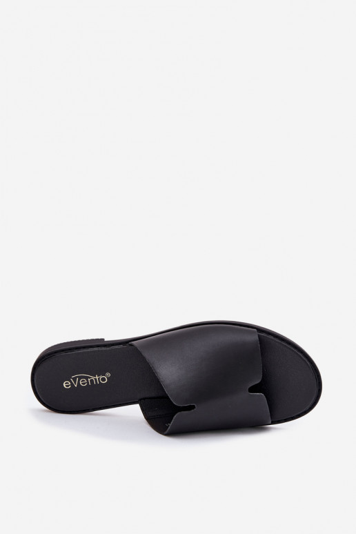 Moteriškos šlepetės iš eko odos su plačiais kulniukais juodos spalvos Kalimira