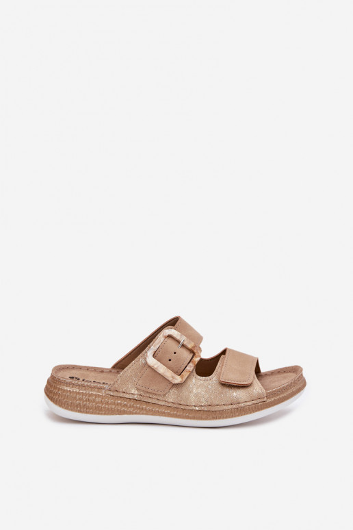 Moteriškos šlepetės su sagtimis I su limpančiu užsegimuem INBLU MK000013 smėlio spalvos Moteriškos šlepetės su sagtimis I su limpančiu užsegimuem INBLU MK000013 smėlio spalvos