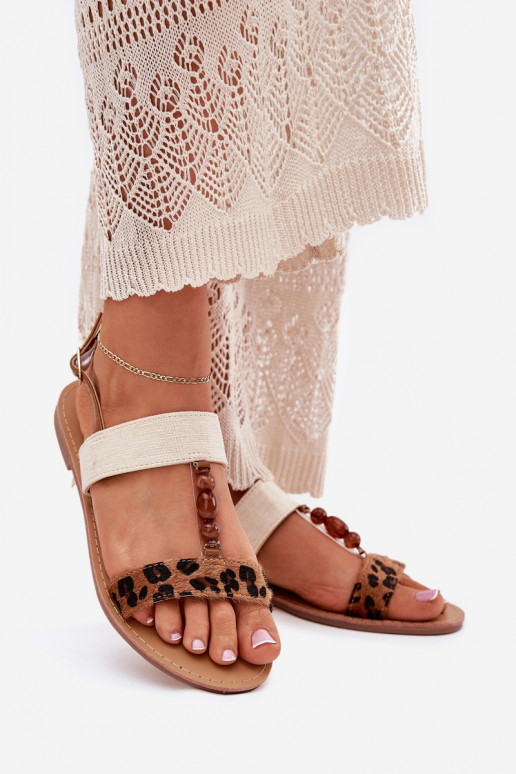 Lygiapadės basutės moterims su karoliukais su leopardo kailio raštais rudos spalvos Virona Lygiapadės basutės moterims su karoliukais su leopardo kailio raštais rudos spalvos Virona