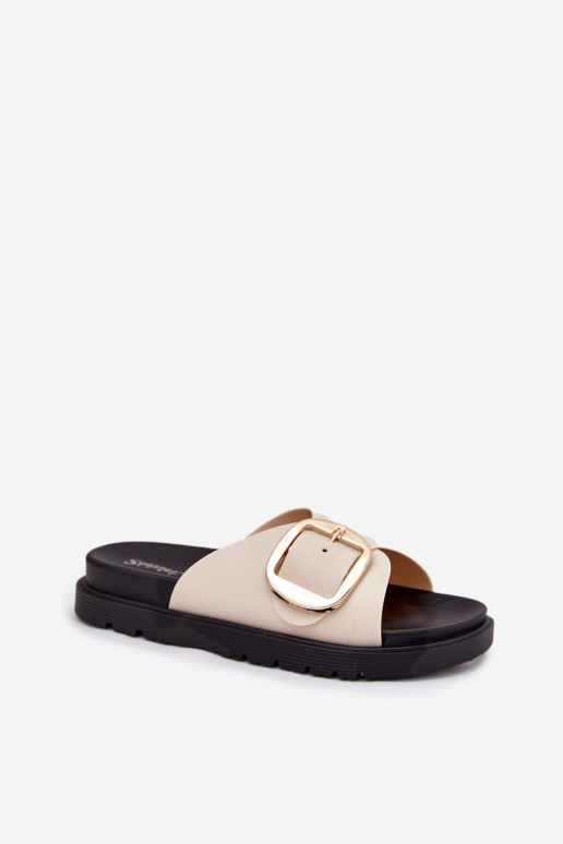 Moteriškos šlepetės su platforma su aukso spalvos sagtimis smėlio spalvos Jovira