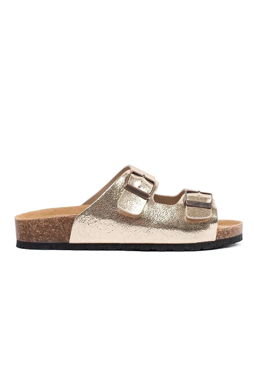 Aukso spalvos šlepetės ant plokščio pado Aukso spalvos šlepetės ant plokščio pado