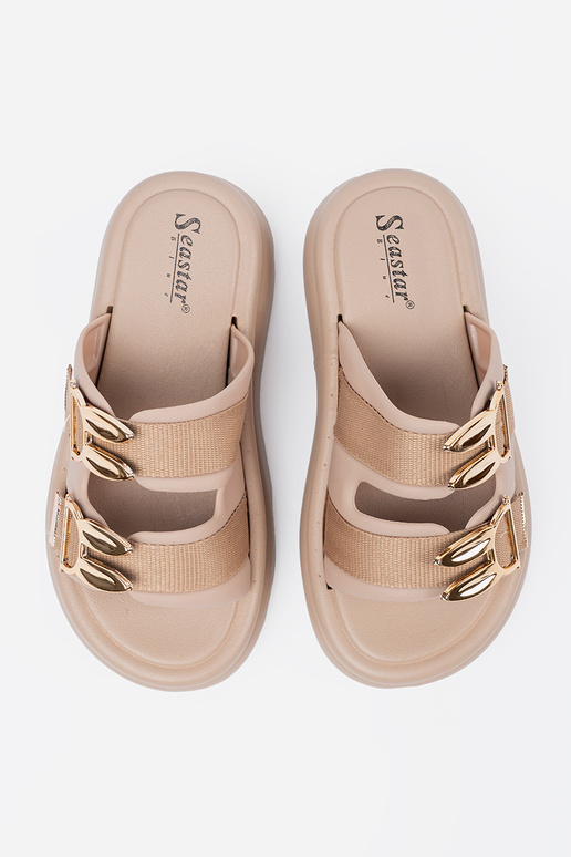 Smėlio spalvos šlepetės su auksinėmis...