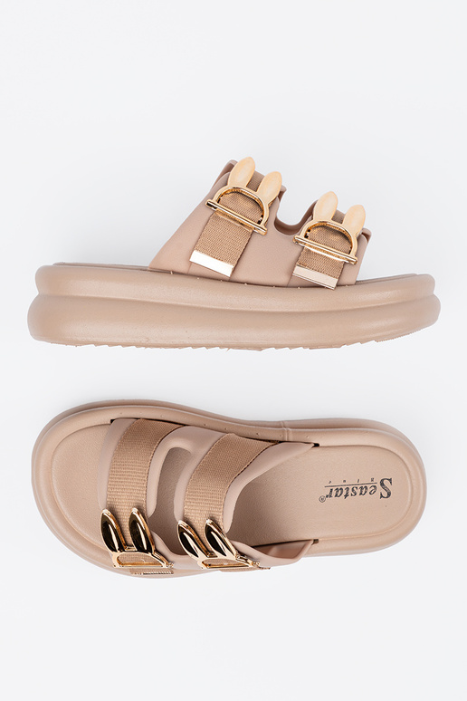 Smėlio spalvos šlepetės su auksinėmis...