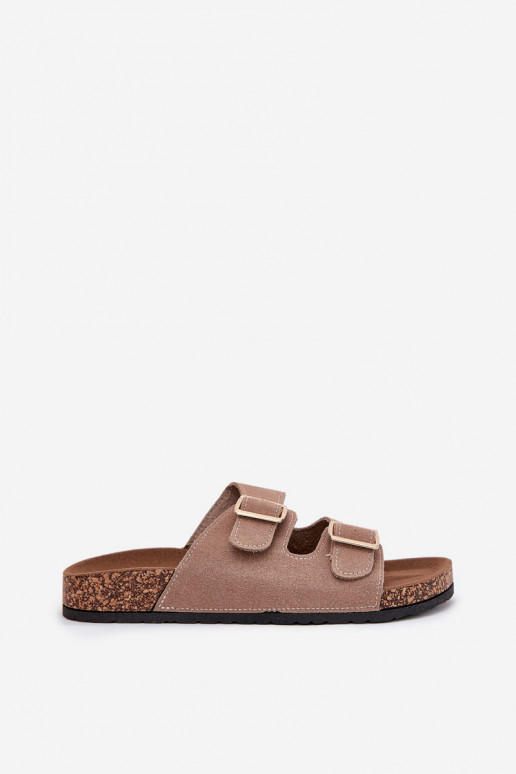 Moteriškos šlepetės Ze aukso spalvosmi su sagtimismi I Przeszyciami chaki spalvos Lunera