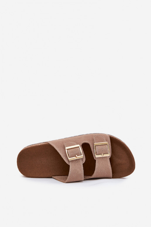 Moteriškos šlepetės Ze aukso spalvosmi su sagtimismi I Przeszyciami chaki spalvos Lunera