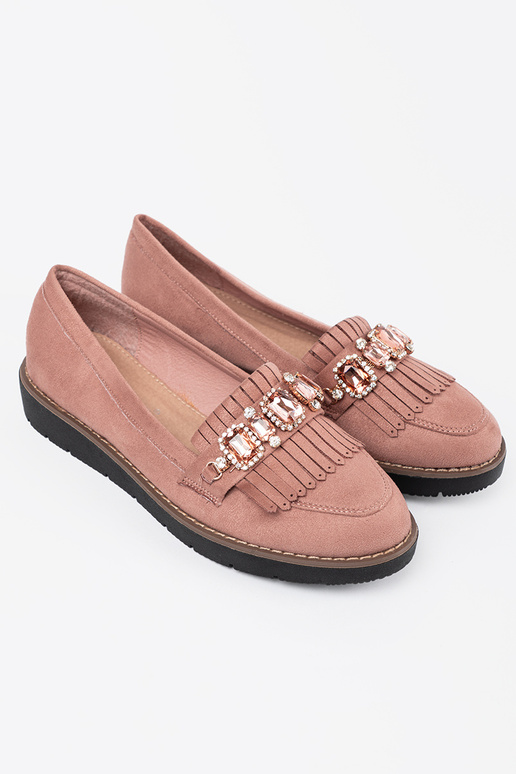 rožinės spalvos iš zomšos mokasinai puošti kristalais