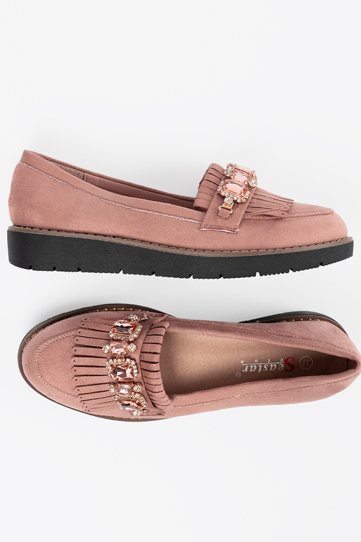 rožinės spalvos iš zomšos mokasinai puošti kristalais