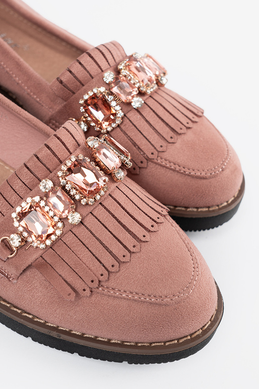 rožinės spalvos iš zomšos mokasinai puošti kristalais