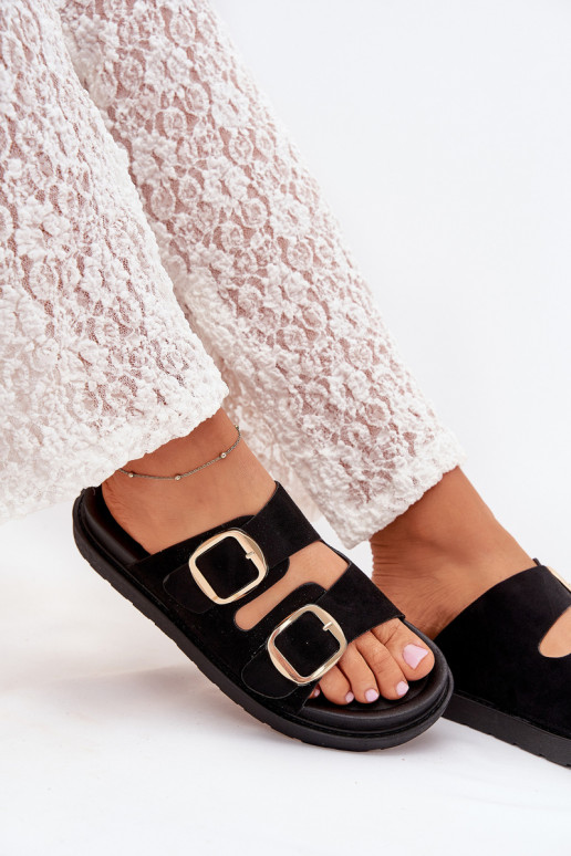 Moteriškos šlepetės su platforma Ze aukso spalvosmi su sagtimismi juodos spalvos Verena