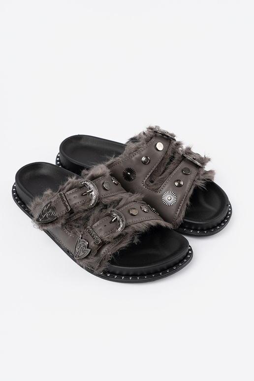 pilkos spalvos Šlepetės su kailiuku i ćĮiekami