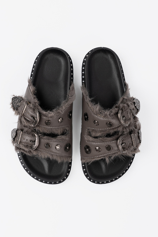 pilkos spalvos Šlepetės su kailiuku i ćĮiekami