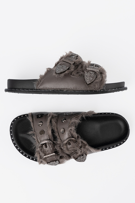 pilkos spalvos Šlepetės su kailiuku i ćĮiekami