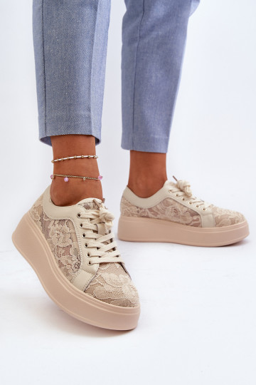 Moteriški sneakers tipo batai su nėrinių motyvais ant platformos, smėlio spalvos