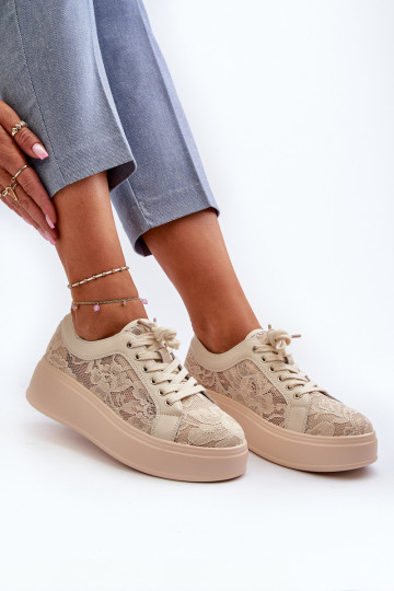 Moteriški sneakers tipo batai su nėrinių motyvais ant platformos, smėlio spalvos 2