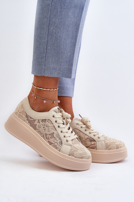 su nėrinių motyvais Sneakers modelio batai Moteriškas su platforma S.Barski HY025 smėlio spalvos