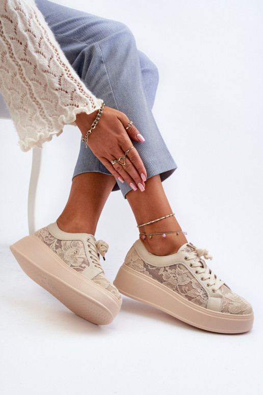 su nėrinių motyvais Sneakers modelio batai Moteriškas su platforma S.Barski HY025 smėlio spalvos