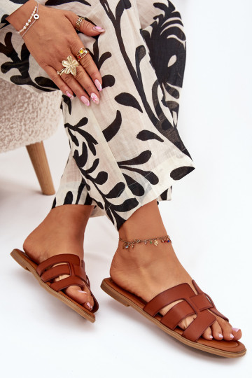 Moteriškos šlepetės su plačiais kulniukais rudos spalvos Mirona