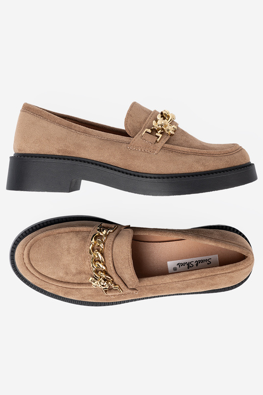 smėlio spalvos mokasinai z auksinism łańcuchem.