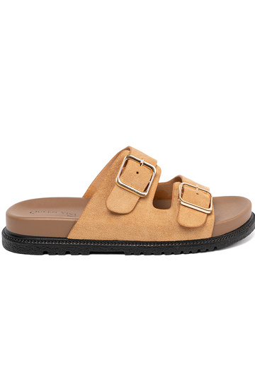 karamelinės spalvos Šlepetės moterų ze auksinismi klamrami 2