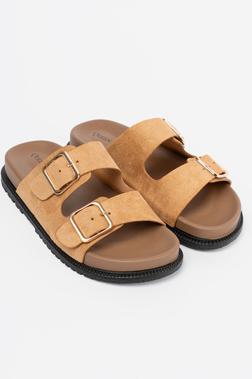 karamelinės spalvos Šlepetės moterų ze auksinismi klamrami