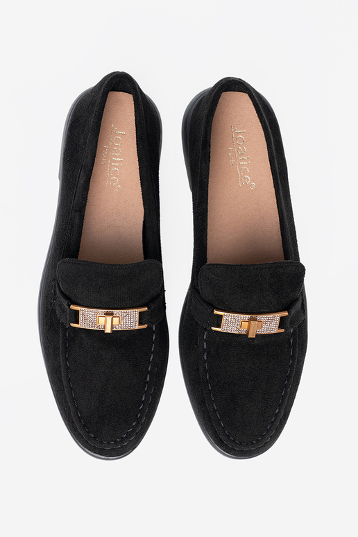 juodos spalvos iš zomšos mokasinai z elegancką złotą ozdobą