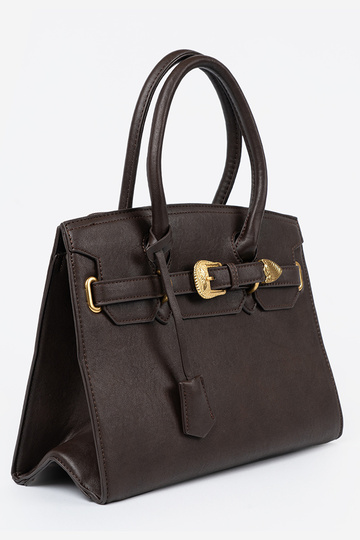 Tamsiai rudas rankinė su dekoratyvine sagtimi Į auksinism kolorze
