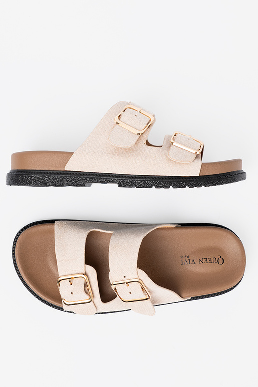 Tai turidingos moteriškos šlepetės ryškiaismėlio spalvos z zamszoĮym Įykończeniem