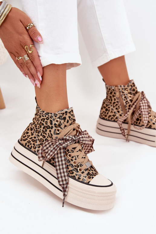 Laisvalaikio bateliai su raišteliais kaspinais I Zamkiem su platforma su leopardo kailio raštais Tai turivara