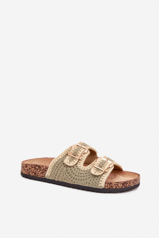 SzydełkoĮe Moteriškos šlepetės Ze aukso spalvosmi su sagtimismi žalios spalvos Fenira